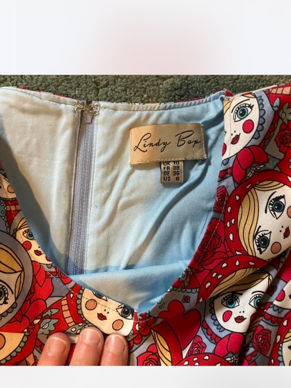Lindy Bop Red and Light Blue Doll Print Dress - Picture 4 of 5